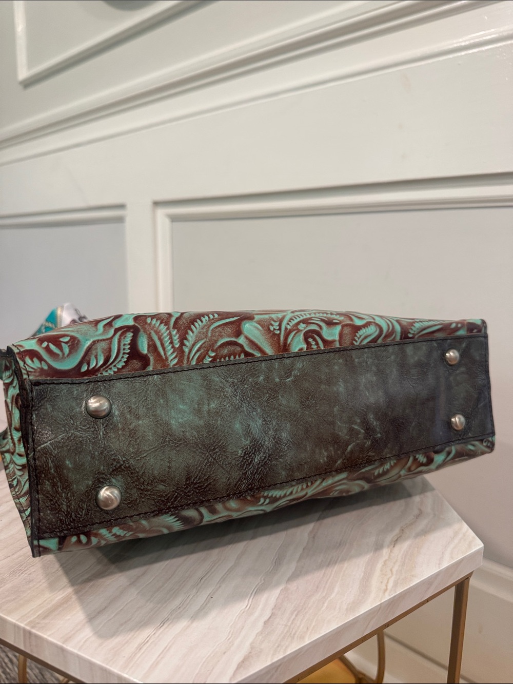 Patricia Nash Bag Vintage Tooled Turquoise and Brown Embossed Tote - Picture 9 of 17